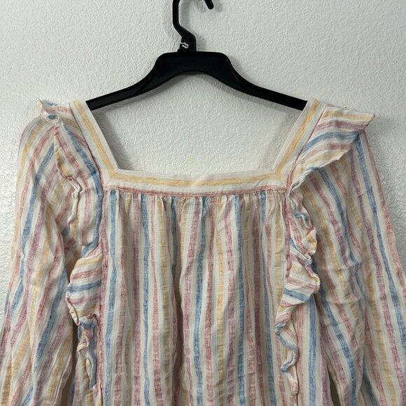 Chaps Pastel Striped Ruffle Square Neck Gauze Blouse Top - Picture 6 of 10